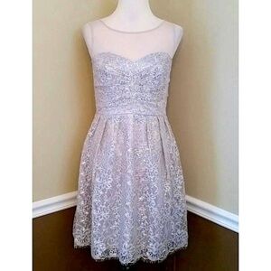 Decode 1.8 Modcloth Taupe & Silver Lace Party Dress Illusion Neckline Fairycore